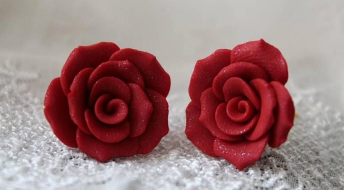 Deep Red Rose Stud Earrings